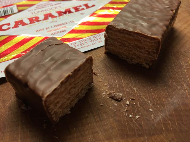 Tunnocks Caramel Wafer cut in parts